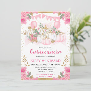 Watercolor Pink Floral Fall Pumpkin Quinceanera Invitation