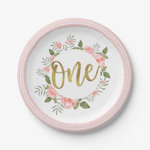 Watercolor Pink Floral First Birthday Gold One Paper Plate