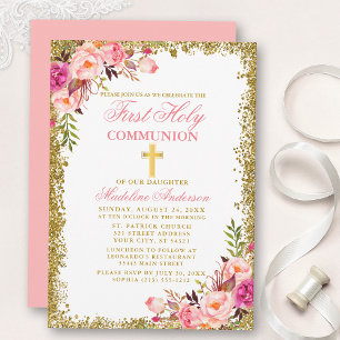 Watercolor Pink Floral First Communion Glitter Invitation