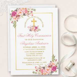 Watercolor Pink Floral First Communion Gold Frame Invitation