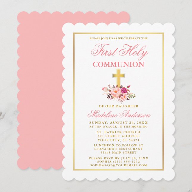 Watercolor Pink Floral First Communion Gold Invitation (Front/Back)