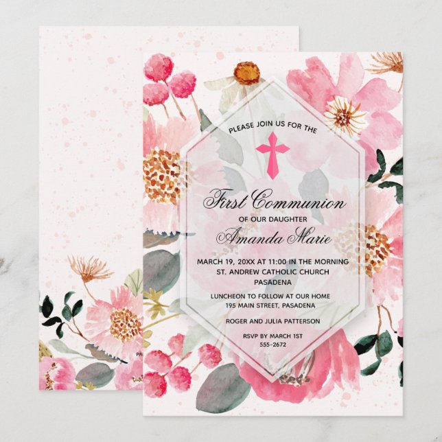 Watercolor Pink Floral First Communion Invitation (Front/Back)