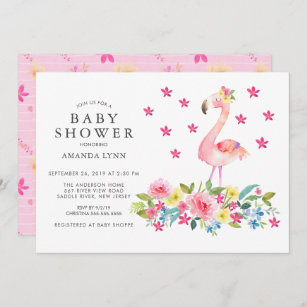 Watercolor Pink Floral Flamingo Baby Girl Shower Invitation