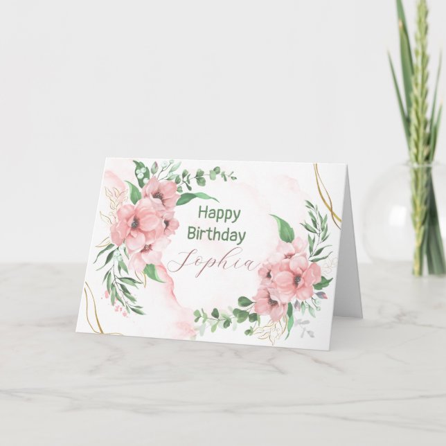 Watercolor Pink Floral Folded Greeting Card (Front)