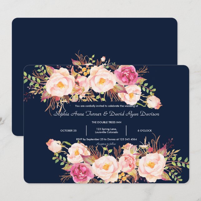 Watercolor Pink Floral Frame Navy Blue Wedding Invitation (Front/Back)