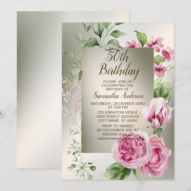 Watercolor Pink Floral Frame Shiny Bronze Elegant Invitation (Front/Back)