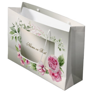 Watercolor Pink Floral Frame Shiny Bronze Elegant Large Gift Bag