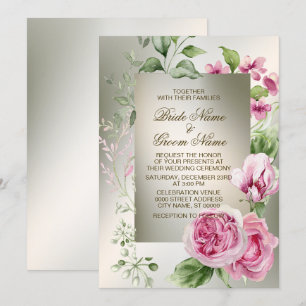 Watercolor Pink Floral Frame Shiny Bronze Party Invitation