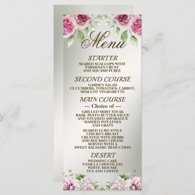 Watercolor Pink Floral Frame Shiny Bronze Party Menu (Front/Back)
