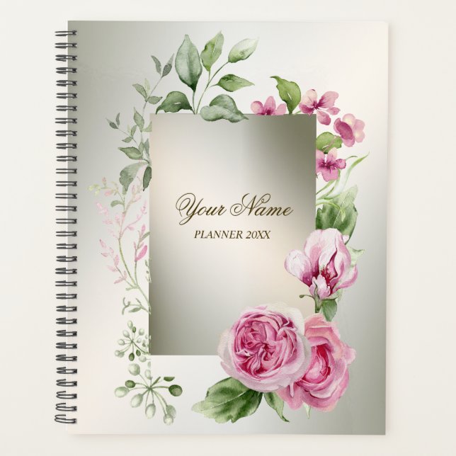 Watercolor Pink Floral Frame Shiny Bronze Party Planner (Front)
