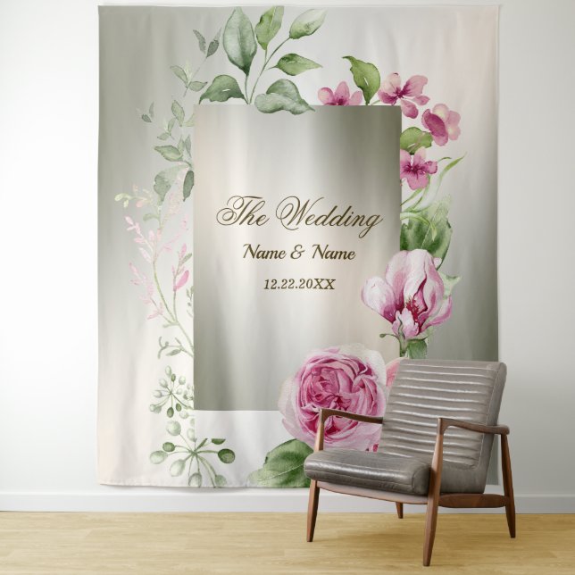 Watercolor Pink Floral Frame Shiny Bronze Party Tapestry (In Situ)