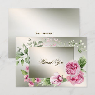 Watercolor Pink Floral Frame Shiny Bronze Party Thank You Card