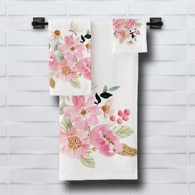 Watercolor Pink Floral Garden Bath Towel Set (Watercolor Pink Floral Garden Bath Towel Set (white on reverse side), buy pieces separately)