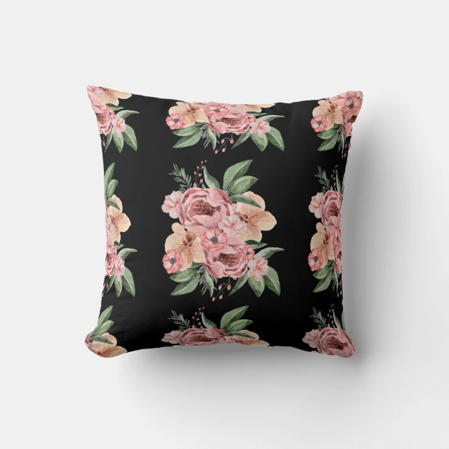 Watercolor pink Floral garden black pillow  (Front)