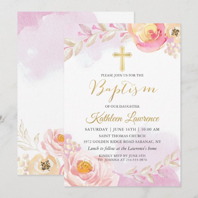 Watercolor Pink Floral Girl Baptism Invitation (Front/Back)