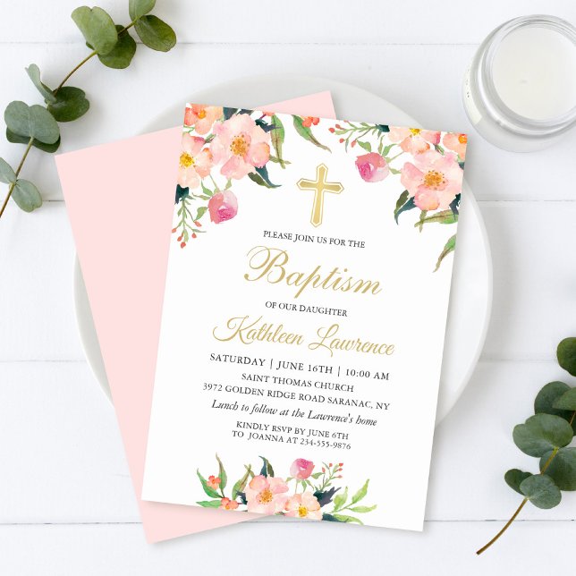 Watercolor Pink Floral Girl Baptism Invitation (Creator Uploaded)