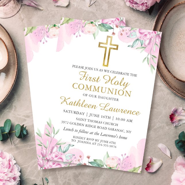 Watercolor Pink Floral Girl First Holy Communion Invitation (Creator Uploaded)