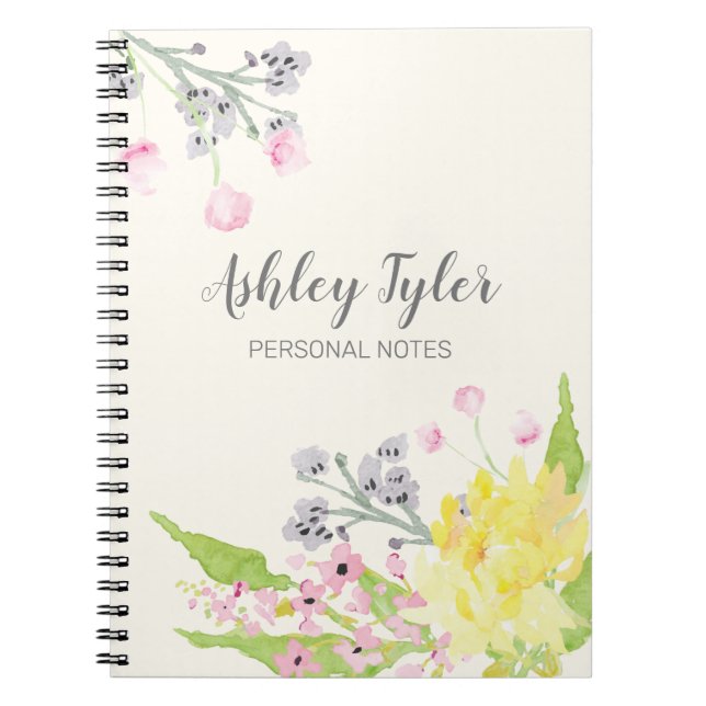 Watercolor pink floral girly cute personalised notebook (Front)
