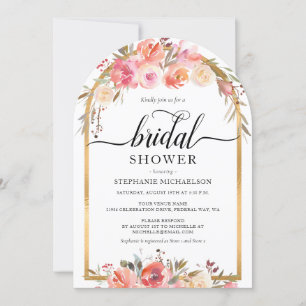 Watercolor Pink Floral Gold Arch Bridal Shower Invitation