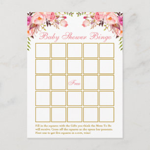 Watercolor Pink Floral Gold Baby Shower Bingo Card