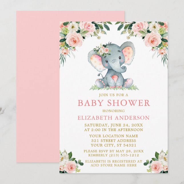 Watercolor Pink Floral Gold Baby Shower Elephant Invitation (Front/Back)