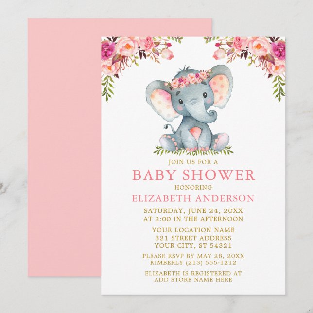 Watercolor Pink Floral Gold Baby Shower Elephant Invitation (Front/Back)