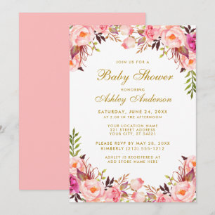 Watercolor Pink Floral Gold Baby Shower Invitation