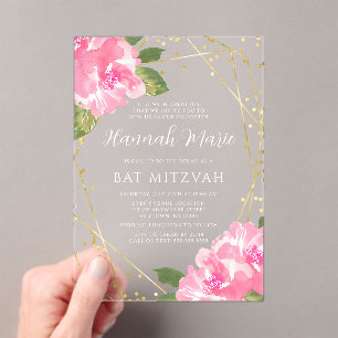 Watercolor Pink Floral Gold Bat Mitzvah Acrylic Invitations