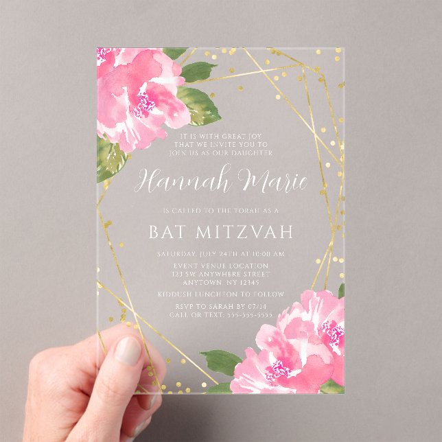 Watercolor Pink Floral Gold Bat Mitzvah Acrylic Invitations (Insitu (Handheld))