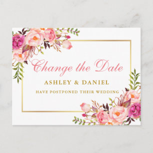 Watercolor Pink Floral Gold Change The Date Postcard