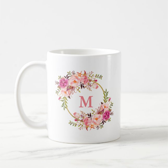 Watercolor Pink Floral Gold Circle Monogram Coffee Mug (Left)