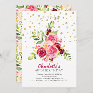 Watercolor Pink Floral Gold Confetti Birthday Invitation