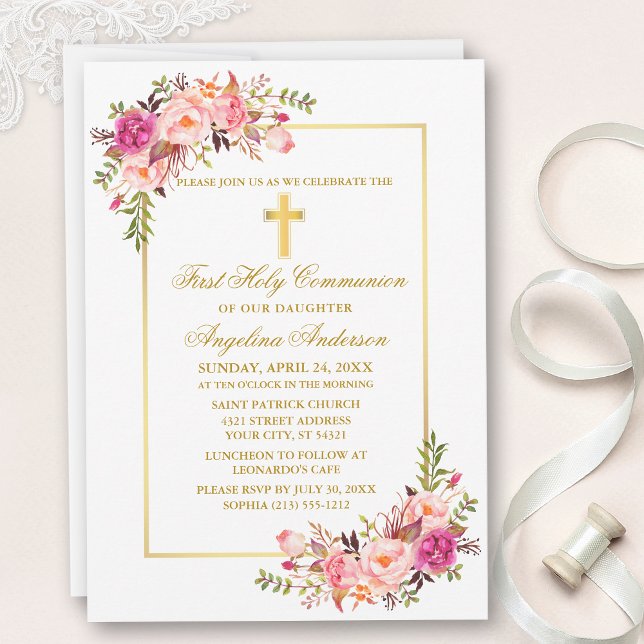 Watercolor Pink Floral Gold Cross Communion Invitation (Customize to change text color, size, style or to add photos or more text to back of card.)