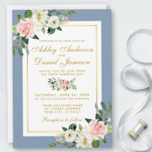Watercolor Pink Floral Gold Dusty Blue Wedding
