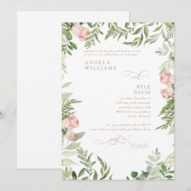 Watercolor Pink Floral & Gold Eucalyptus  Invitati Invitation (Front/Back)
