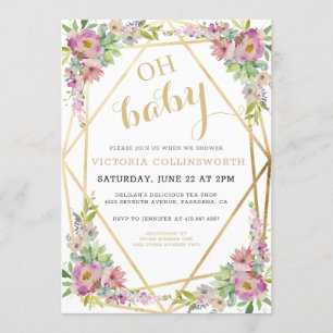 Watercolor Pink Floral Gold Geometric Baby Shower Invitation