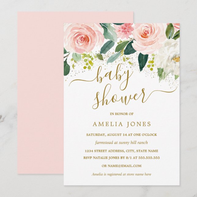 Watercolor Pink Floral Gold Glitter Baby Shower Invitation (Front/Back)