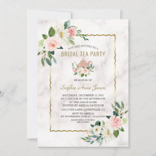 Watercolor Pink Floral Gold Marble Bridal Shower Invitation
