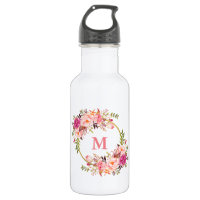 Watercolor Pink Floral Gold Monogram