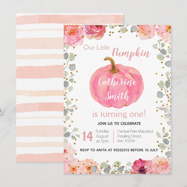 Watercolor Pink Floral Gold Pumpkin 1st Birthday Invitation (Front/Back)