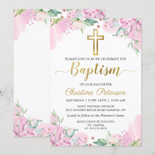 Watercolor Pink Floral Gold Script Girl Baptism Invitation