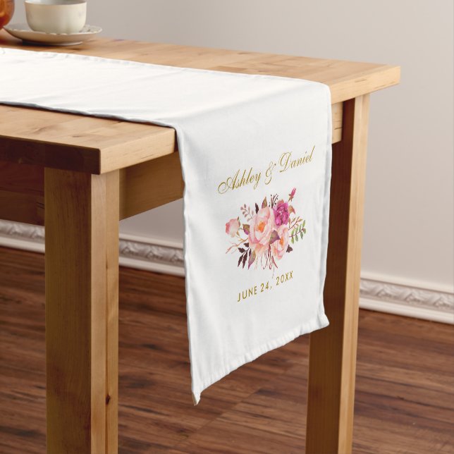 Watercolor Pink Floral Gold Wedding Medium Table Runner (In Situ)