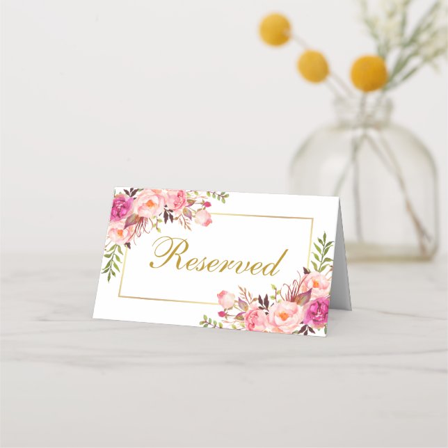 Watercolor Pink Floral Gold Wedding Reserved Place Card (Front)