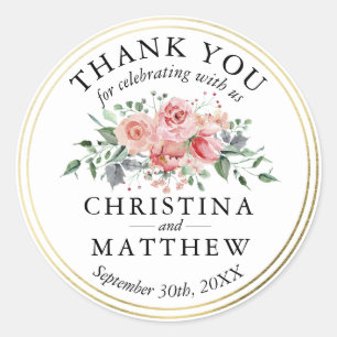 Watercolor Pink Floral Gold Wedding Thank You Classic Round Sticker