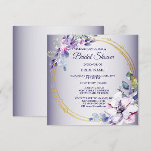 Watercolor Pink Floral Golden Purple Bridal Shower Invitation