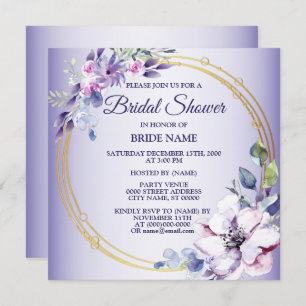 Watercolor Pink Floral Golden Purple Bridal Shower Invitation