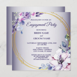 Watercolor Pink Floral Golden Purple Engagement  Invitation