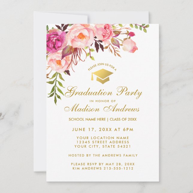 Watercolor Pink Floral Graduation Party Invite G (Front)