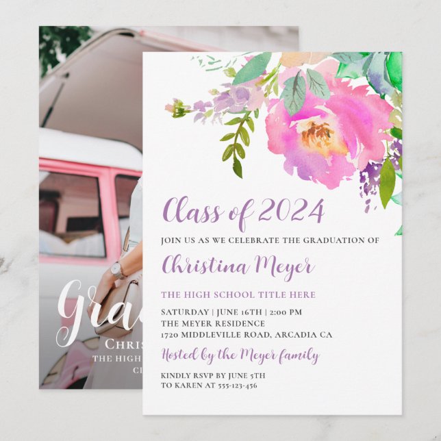 Watercolor Pink Floral Graduation Party Photo Invitation (Front/Back)