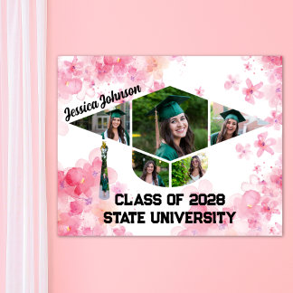 Watercolor Pink Floral Graduation Photo Collage Poster